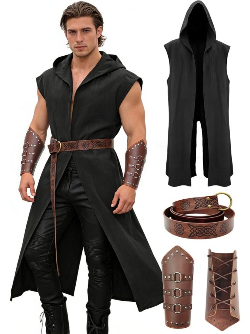 Medieval Renaissance Costume Set for Men - Hooded Surcoat, Leather Belt